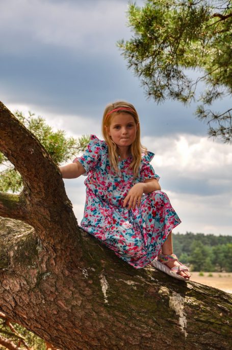 Meisje in kleurrijke jurk zit op een boomtak, omringd door natuur en een bewolkte lucht.