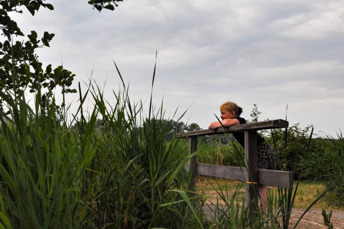 Een jongen leunt op een houten hek, omringd door hoge grasplanten.