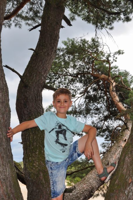 Jongen in een lichtblauw T-shirt zit in een boom tussen takken.
